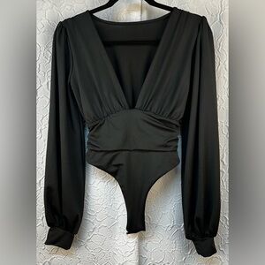 Black Deep V Cut Long Puff Sleeve Bodysuit